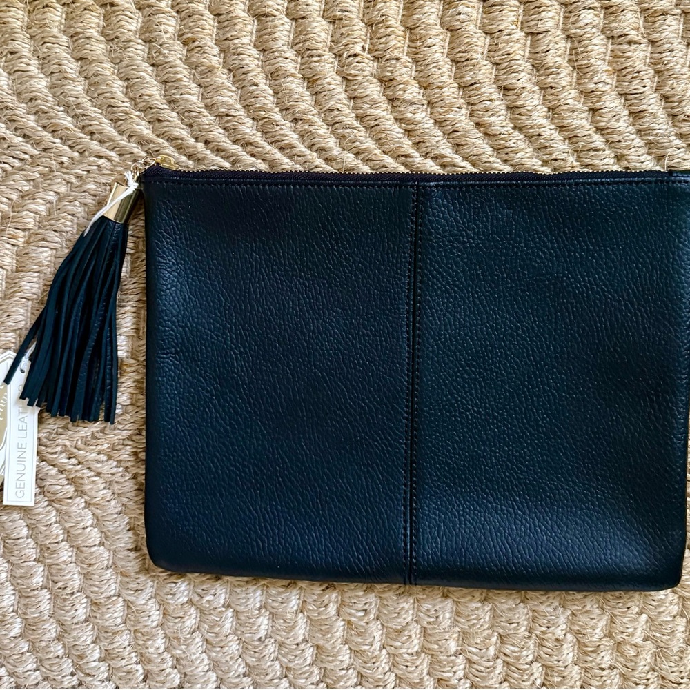 NWT Black Leather Clutch with Tassel
